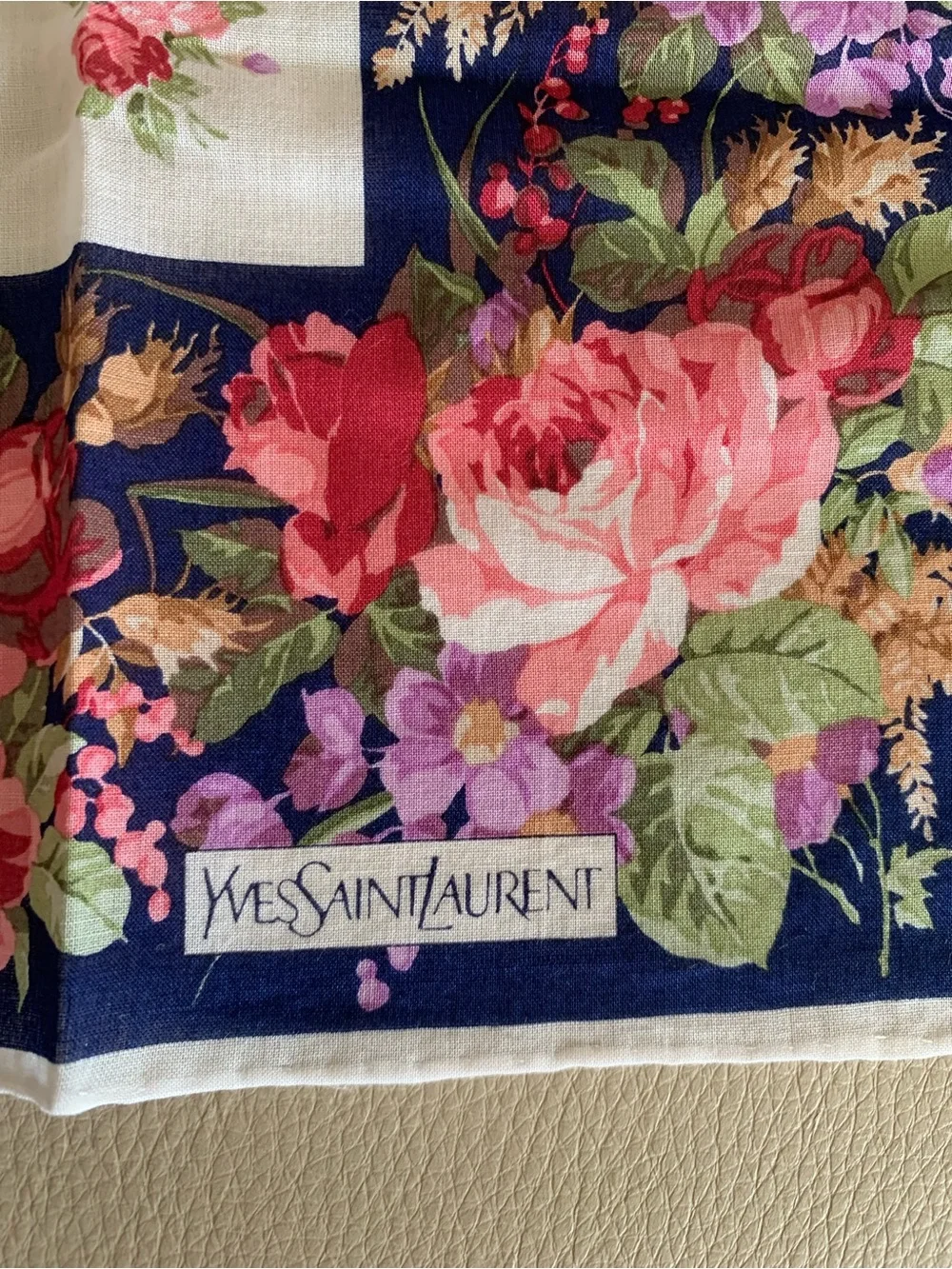 Yves Saint Laurent YSL Vintage Floral Handkerchief 18” Navy Pink Purple Japan
